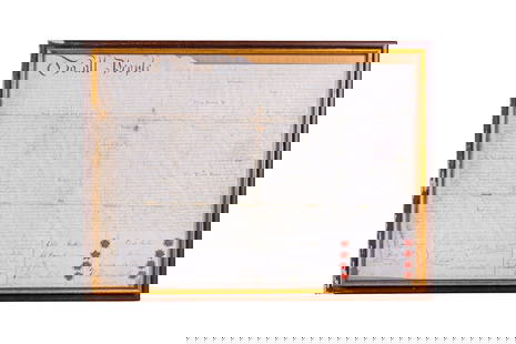 1840 Indenture Deed Release, Framed: A float framed Indenture deed release of 64 acres of land from the heirs of William Mullin to David Mullin, set between two pieces of glass in order to see both sides of the once folded document, meas