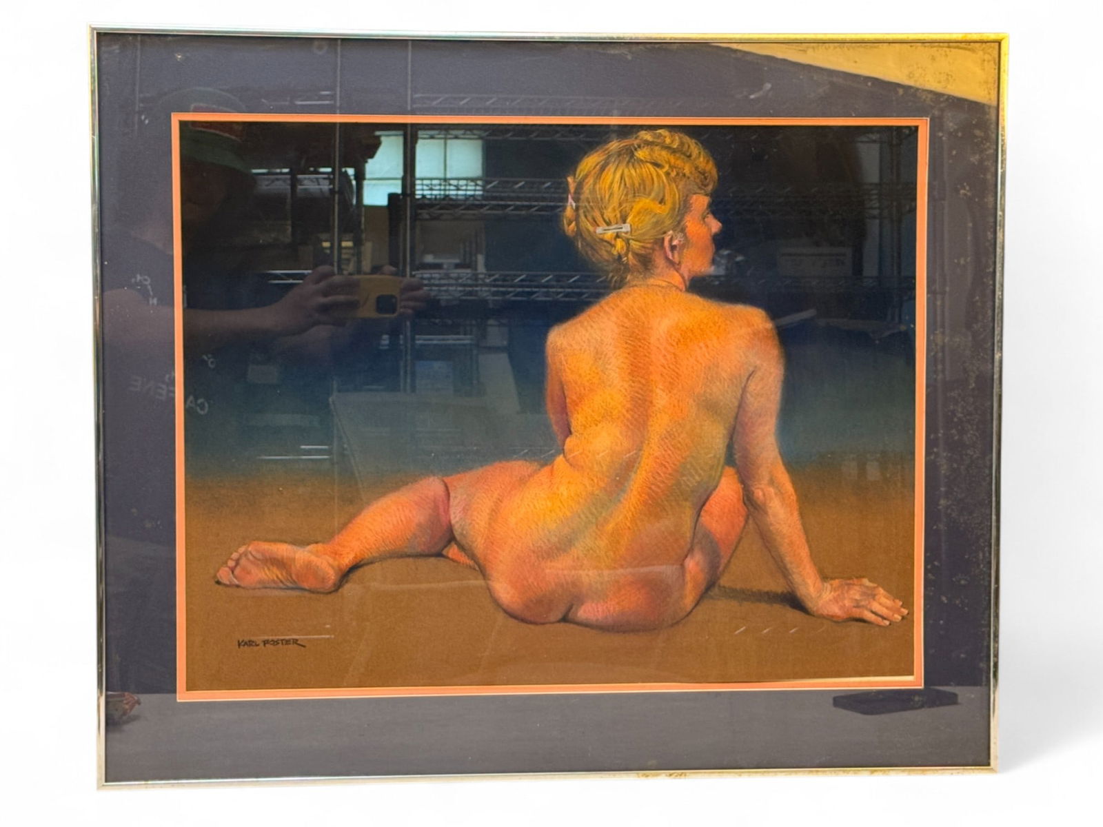 Karl Foster Signed Nude Pastel Portrait: Framed pastel drawing by artist Karl Foster, depicting a nude woman seated with her back turned, rendered in rich tones and fine detail. Signed by artist at lower left. Presented under glass in simple
