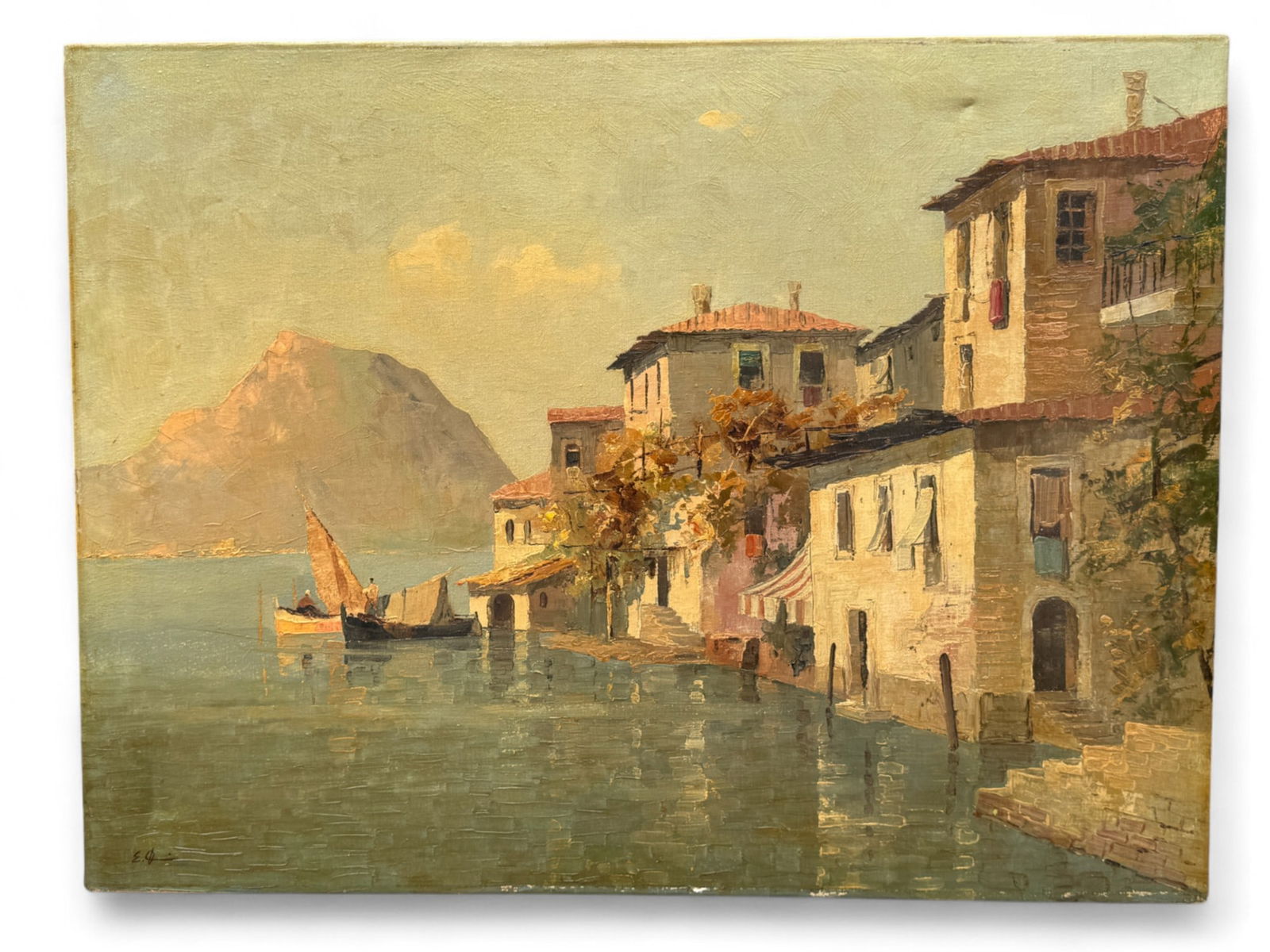 Signed Italian Lakeside Village Scene, O/C (1 of 6)
