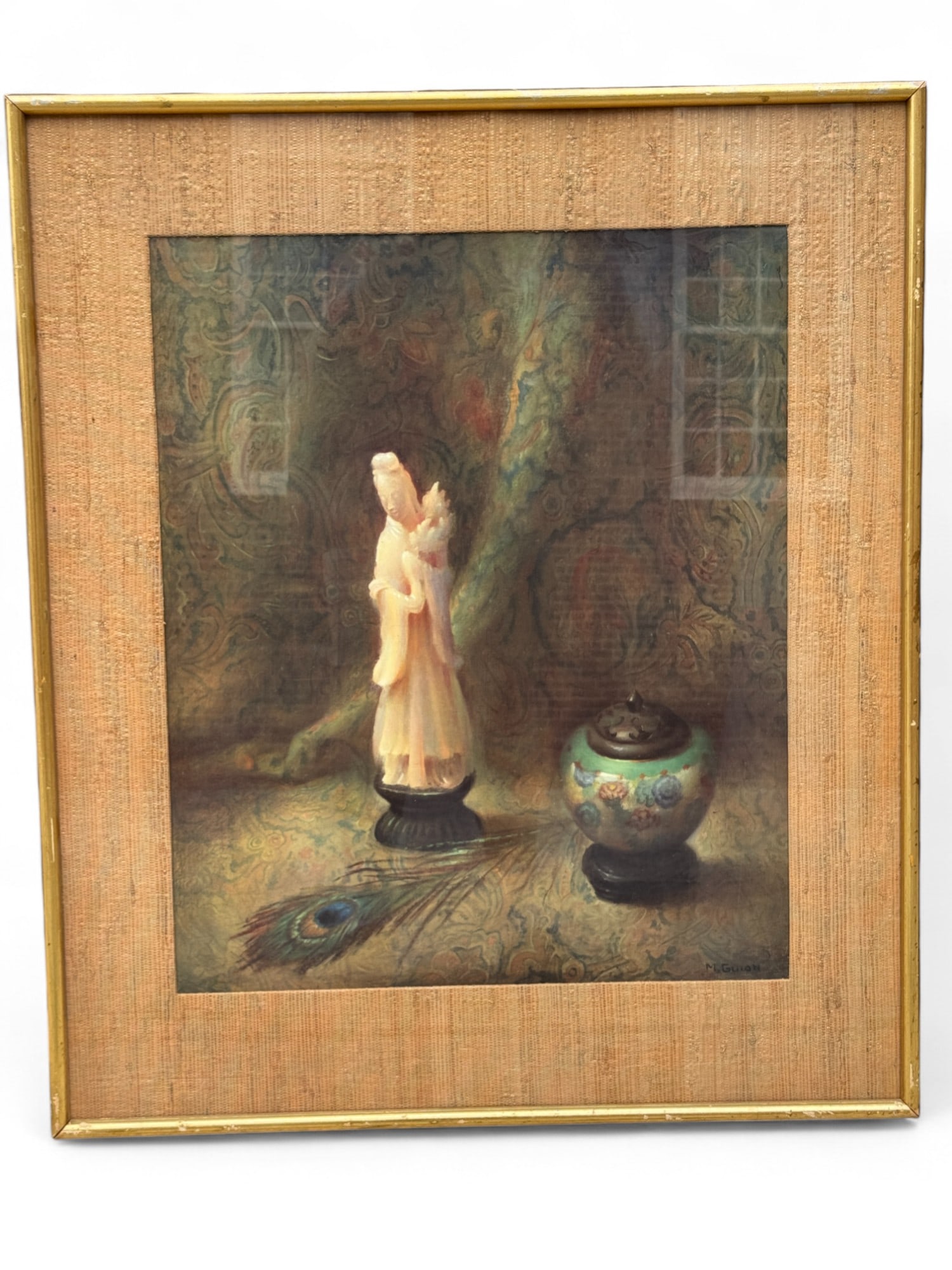 Molly Guion (American) "The Rose Goddess" Painting: A framed painting by contemporary American artist Molly Guion, titled "The Rose Goddess. The artwork features a serene composition with a figurine and decorative vessel against a richly patterned back