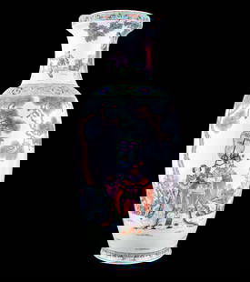 Chinese Famille Verte Rouleau Vase w/ Garden Scene: Chinese Famille Verte large Bangchuiping rouleau vase w/ design of a dignitary or similar man of higher status & other noble people in traditional Chinese attire in a garden / nature scene. There is a