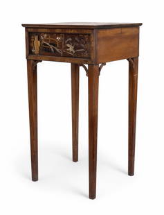 Chinese / Asian Wood Side Table w/ Inlay: Chinese / Asian wood side table w/ inlay design featuring a vase-shaped teapot & floral motifs. Piece could be antique or early vintage. Table measures approx. 13.75" x 14.75 x 27" tall. See photos fo