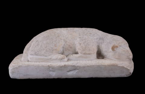 Victorian Carved Marble Sleeping Sheep: A 19th-century Victorian carved marble sculpture depicting a sleeping sheep. Sculpture rests on rectangular base and measures approx. 3" H x 7.5" W.