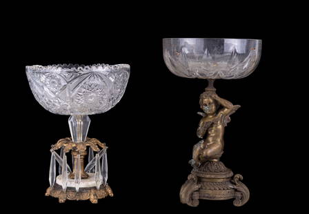 Bronze and Glass Compotes (2): A pair of decorative gilt bronze compotes. First features a seated cherub figure holding up a cut glass bowl, set on a ornate bronze base with scrolling feet and aged patina, The other has a faceted g
