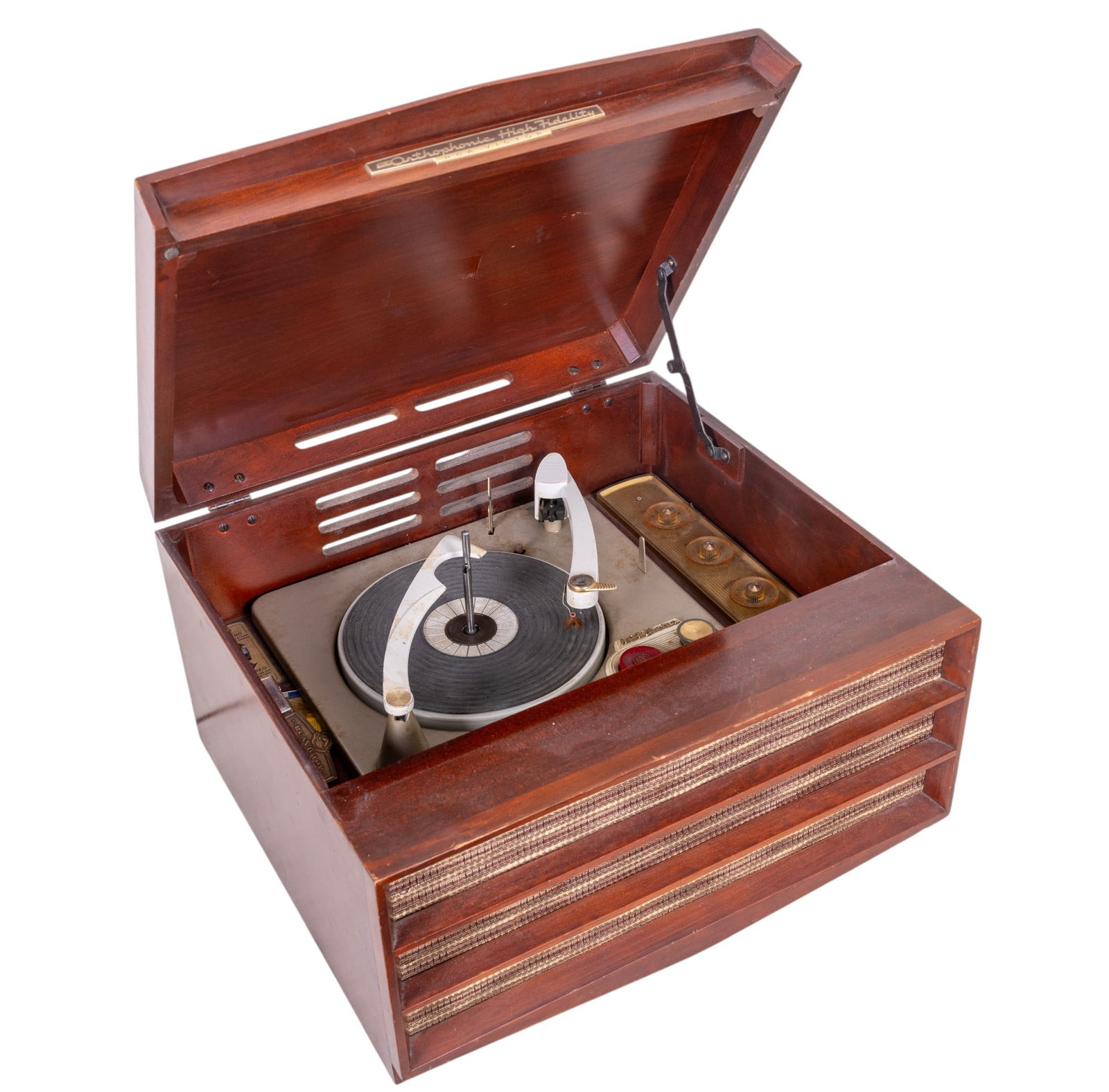 RCA Victrola Orthophonic Record Player, Vintage: Vintage RCA Victor Victrola Orthophonic High Fidelity Record Player Turntable ? Model SHF-8 ? Mounted on Splayed Brass Legs in a Mid-Century Modern Wood Cabinet. Dimensions: 12" H x 20" D x 18" W. Rem