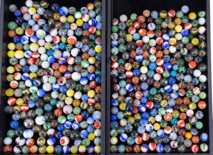 Large Collection of Marbles: A 2nd collection of assorted vintage and contemporary marbles including a wide variety of colors, sizes, and patterns such as swirls, cat's eyes, agate-style, and clear glass types.