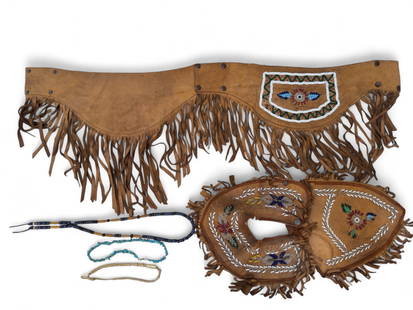 Vintage Native American Bead & Leather Clothing, +: Grouping includes multiple vintage pieces of beaded native American decorative clothing. Both items have tassels. Also included is a grouping of native American jewelry including beaded necklaces, bon