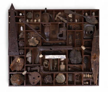 Large Civil War Relic Board / Shadow Box: A civil war "relic board" filled with authentic Civil war era items including spoons, bullets, belt buckle, and many more items. Measures approx. 18.5" x 21.5".