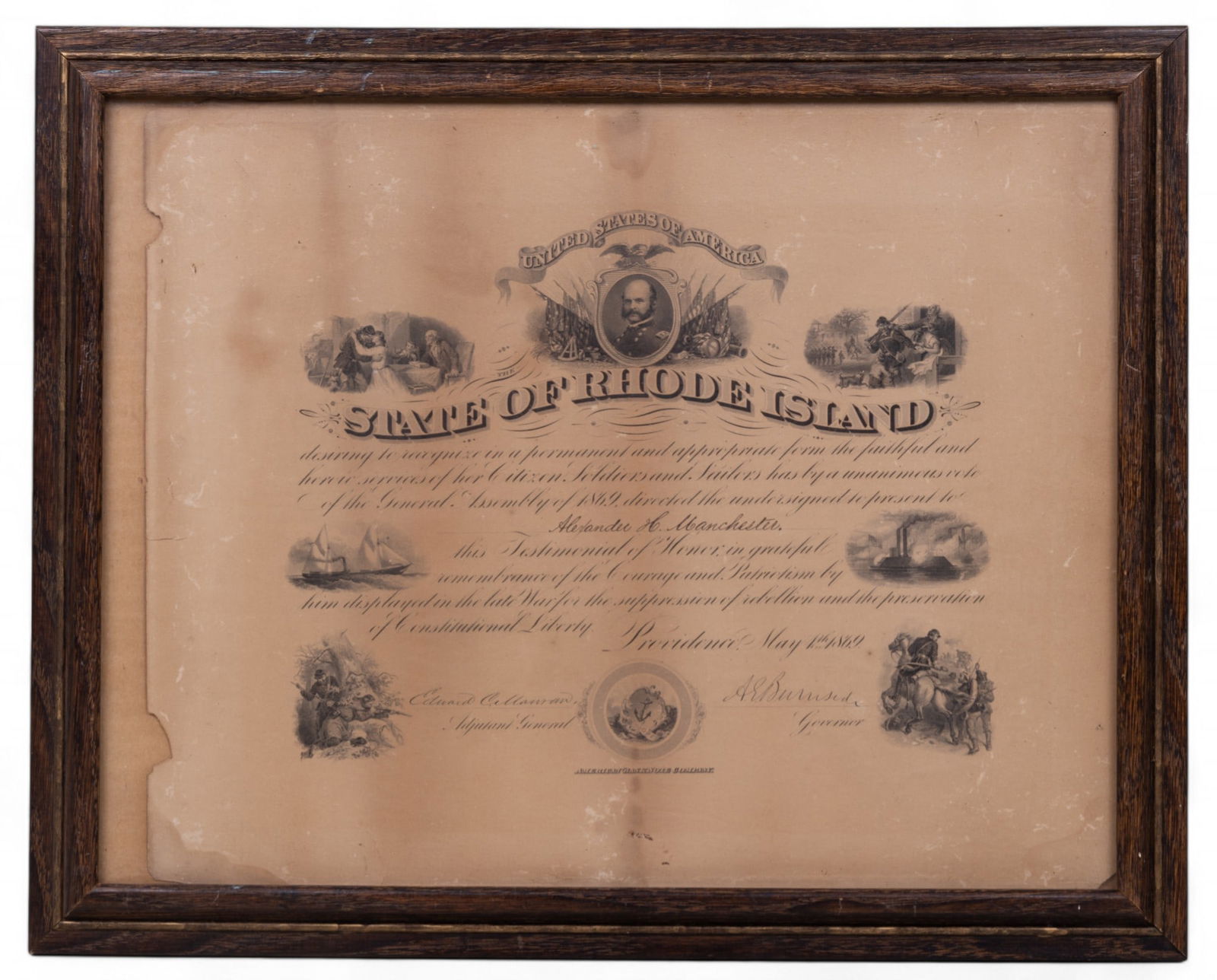 RI Civil War Testimonial of Honor, A.E Burnside (1 of 4)