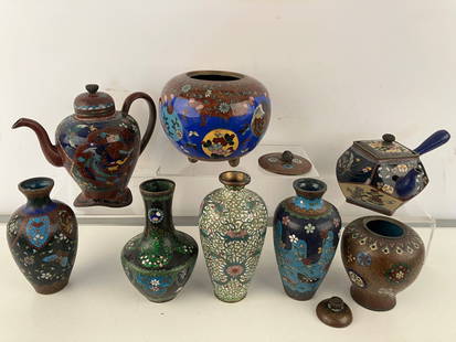 Antique Chinese Cloisonne Enamelware Unusual Forms: Exceptional / great quality with unusual forms in a large grouping of Chinese cloisonne enamel items including 3 meiping flower vases, a tianqiuping globular flower vase, 2 uniquely shaped teapots wit