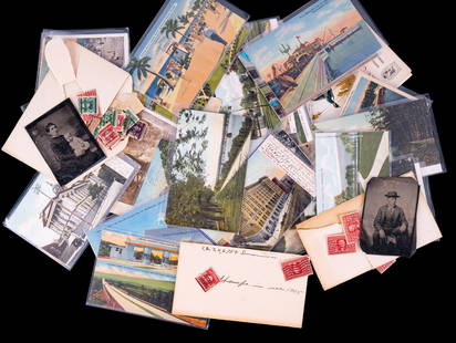 Vintage Post Cards, 6 Tin Types, Antique Stamps: This lot features approx. 50 post cards mostly South Central Pennsylvania destinations, 6 antique tin types, one antique cabinet card, two cereal premium cards, dozens of antique stamps in envelopes,