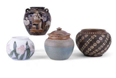 Assorted Art Pottery Vessels (4): A grouping of four assorted art pottery vessels including a hand-painted white porcelain flower frog; a wide-bodied ceramic vase with pierced rim and floral lace pattern; a pottery jar with lid in blu