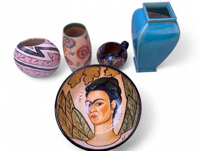 Assorted Art Pottery and Ceramic Vessels: A grouping of 5 decorative ceramic and pottery including a turquoise crackle-glazed square-mouth vase, a large hand-painted bowl with Frida Kahlo portrait and leaf motifs, a hand-painted floral pitche