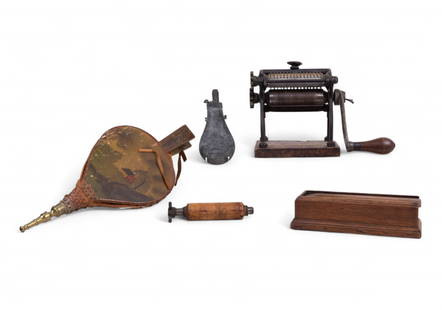 Antique Fluting Iron + Painted Fireplace Bellows +: A lot of 2 vintage hearth accessories including an antique cast iron fluting iron with crank handle and corrugated rollers. Also includes a hand-painted fireplace bellows, featuring a pastoral scene o