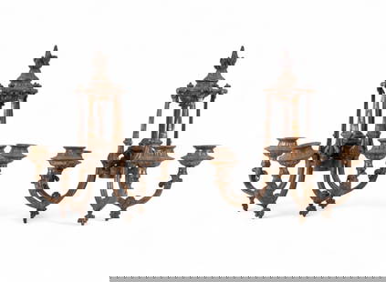 Antique French Bronze Wall Sconces: A pair of ornate antique French wall sconces, each with 4 candle arms. Featuring acanthus leaves, fluted columns, and flame finials. Each measures approx. 11.5" H.