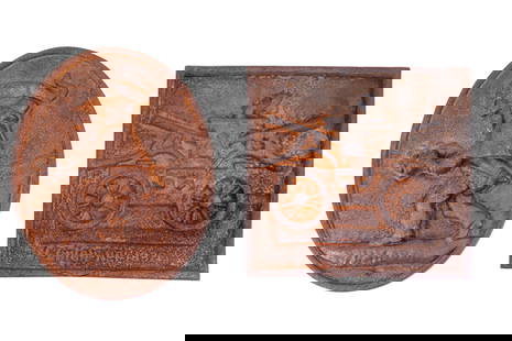 Cast Iron Firemark Plaques: Pair of 19th-century American cast iron firemarks. One features a fire wagon above the inscription "UNION NO1 1832". The other shows a fireman in top hat and cloaking running with a hose under a wavin