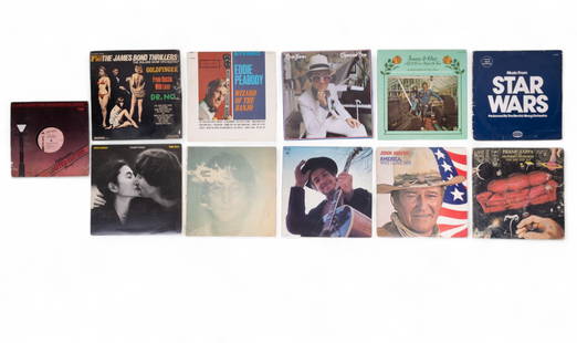 Group of Vintage Vinyl Records: Grouping includes Nashville Skyline - Bob Dylan, Themes from the James Bond Thrillers - Roland Shaw Orchestra, Wizard of the Banjo - Eddie Peabody, Double Fantasy - John Lennon & Yoko Ono, Imagine - J