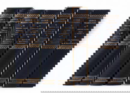 Freeman, George Washington, (7) vols., 1948: A complete seven-volume biography set of George Washington by Douglas Southall Freeman, published by Scribner's. All hardcovers in uniform navy bindings with gilt lettering and decoration. Final volum