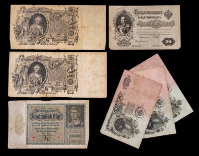Antique Large Russian, German Currency Notes (7): A collection of seven old European currency notes, including German Reichsbank 100,000 Mark, Russian Imperial 50 Rubles, Russian Imperial 25 Rubles, and others. The bills display varying degrees of we