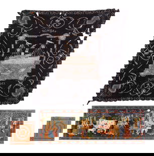 South Asian Art Grouping (India, Southeast Asia): Grouping includes a vintage metal on velvet tapestry depicting a boat on the water reading "India 1943" measuring approx. 34" x 34", a Southeast Asian acrylic on board depicting a cow Hindu gods and m
