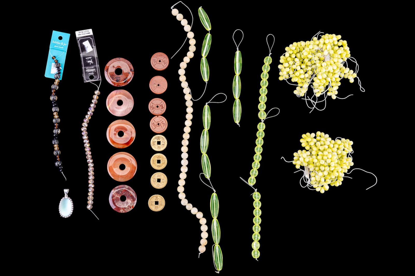 Vintage Agate and Strands: Large various polished vintage agate disks, glass, Chinese symbols, and other strands.