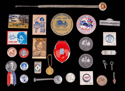 Vintage Pin Backs & More: Includes several Shirley Temple vintage pin backs, a Milton Hershey pin back, Shirley Temple advertising mirror + more.
