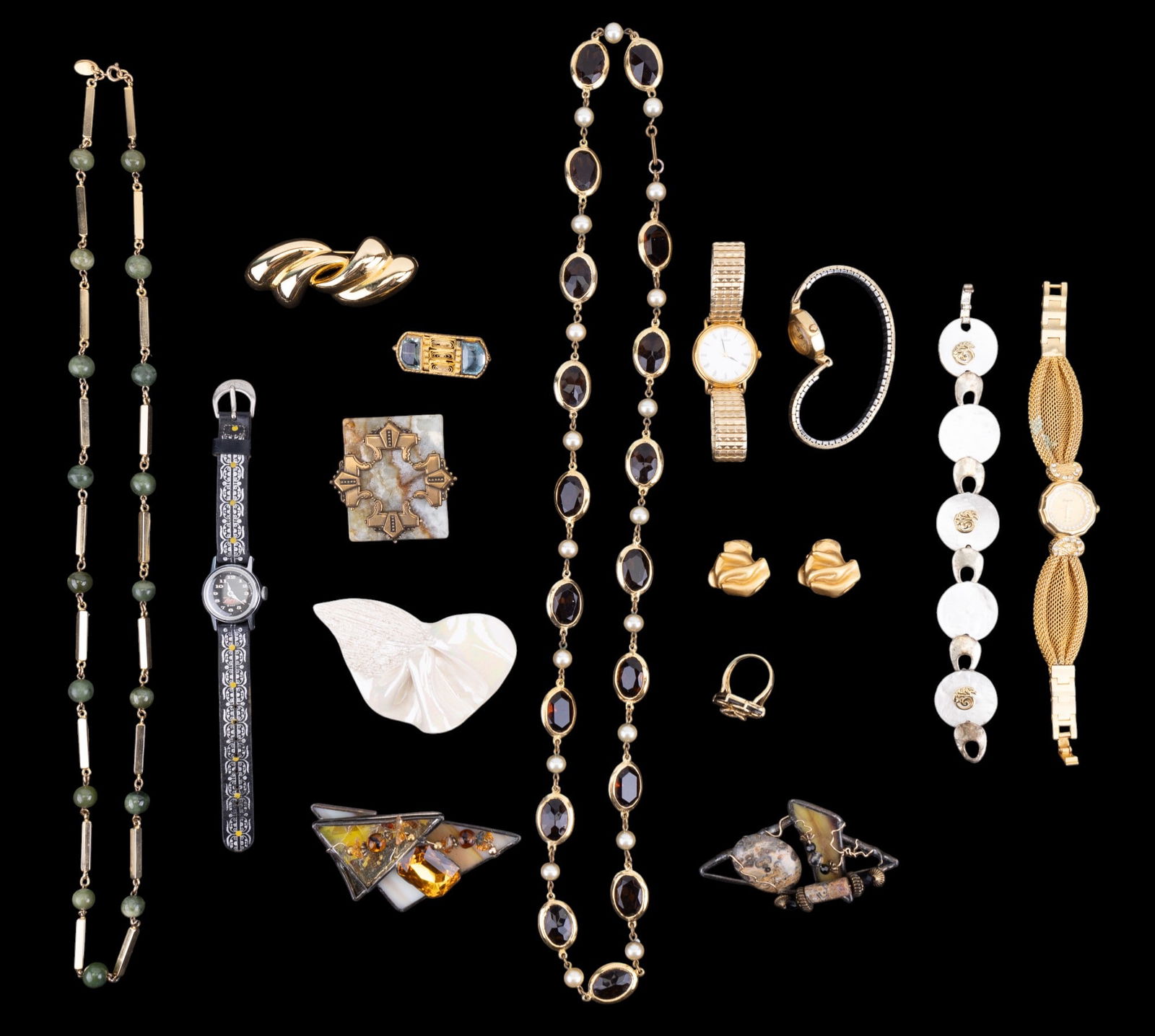 Watches + Jewelry: Watches include a vintage Zorro watch. Pulsar, Layne, and Sharp. Plus various jewelry including pins, necklaces, and more.