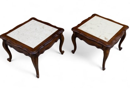 Pair of Marble and Carved Oak End Tables