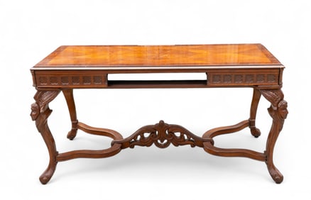 Carved Figural Mahogany Desk Missing Drawer (2Pc)