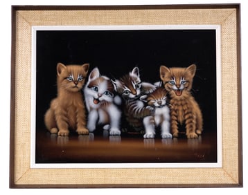 Vintage Signed Velvet Painting of Kittens