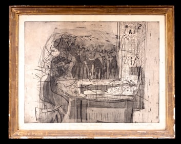 C. Forsythe Signed Etching "Man Playing Pinball"