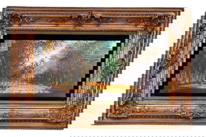 Stuart Signed Oil on Board Park w/ Fountain