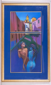 Large Virgil Sova Signed Painting Town / Nudes