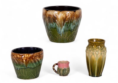 Majolica Green Planters, Vase, Pitcher (4pcs)