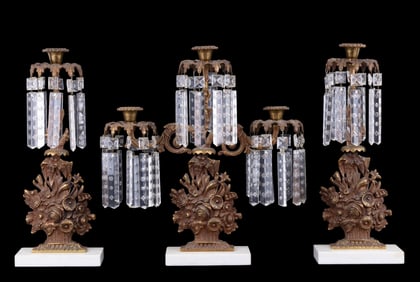 Early Brass & Hanging Crystal Candelabra Set