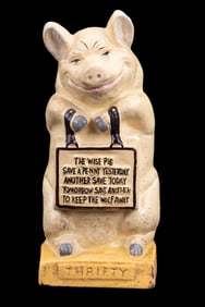 Vintage Cast Iron Painted Pig Bank "Thrifty"