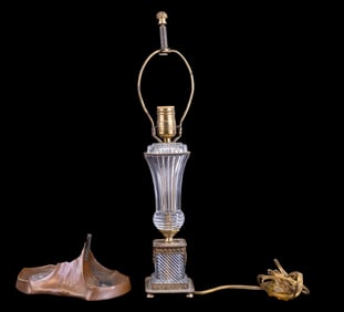 Art Nouveau Copper Ashtray + Crystal & Brass Lamp