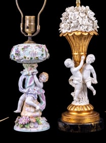 Floral Porcelain Figural Cherub Lamps (2 Pc)