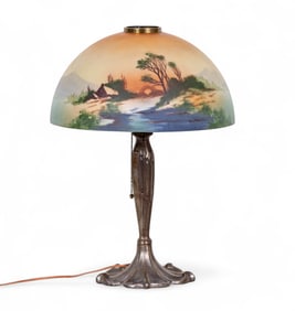 Antique Painted Glass Shade Art Nouveau Lamp