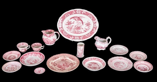 Antique, Early Red Transferware (15 Pc.)