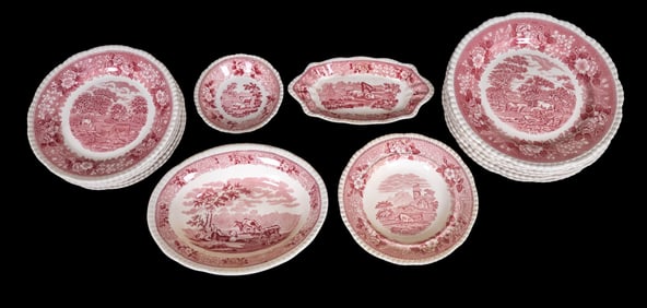 Staffordshire "English Scene" Red Transferware Set