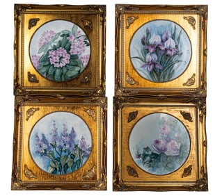 4 Hand Painted Porcelain Plaques, Framed