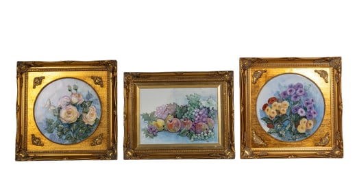 3 Hand Painted Porcelain Plaques, Framed