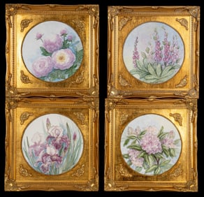 4 Hand Painted Porcelain Plaques, Framed