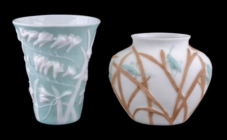 Art Glass Cameo Vases (2) C1930s Phoenix Co.