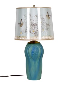 Van Briggle Blue Art Pottery Lamp +Butterfly Shade