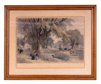 Antique Hand Tinted Engraving "The Village Elms"