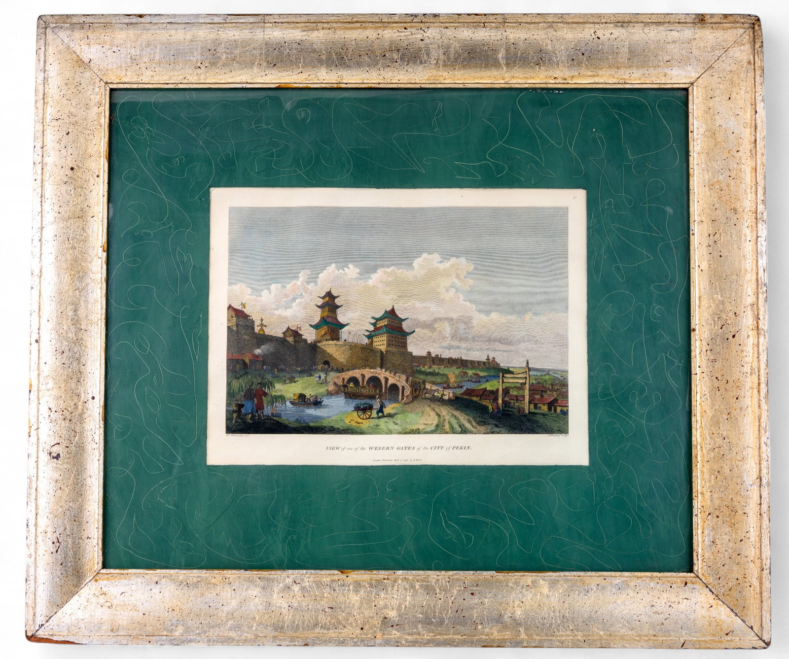 Alexander, William (Brit. 1767-1816). Engraving: William Alexander (Br. 1767-1816). View of one of the Western Gates of the City of Pekin. Lon: G. Nicol, 1796. Hand-colored engraving by J. Dadley. 9 1/4 x 13 7/8 in. Light mat burn.