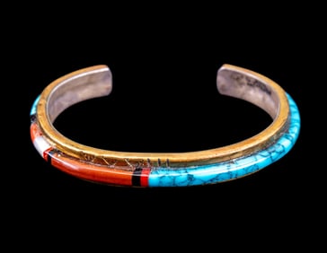 Navajo Sterling Silver NEZ Turquoise Coral Cuff