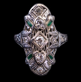 14K Gold and Diamond Art Deco Filigree Ring